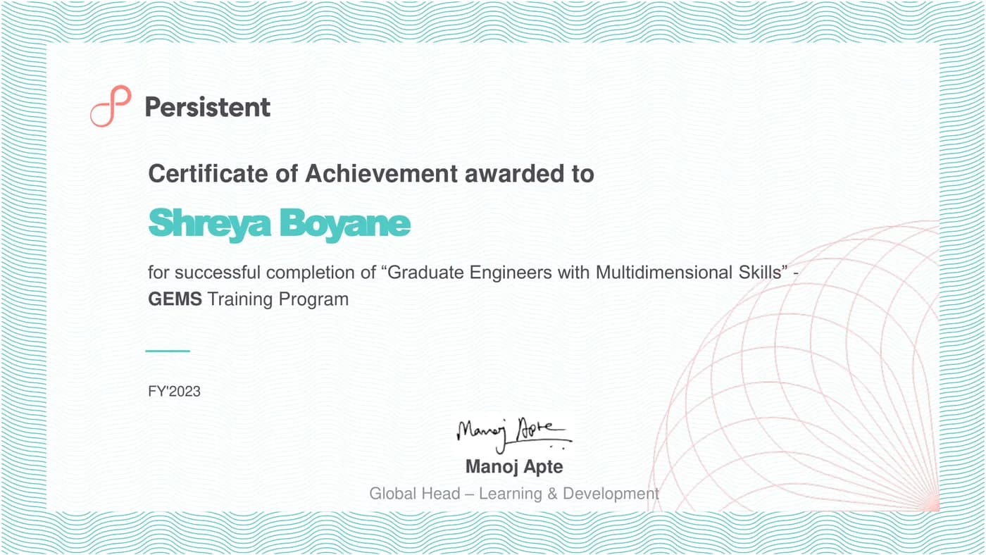 GEMS Training Program (Graduate Engineers with Multidimensional Skills), Persistent Systems