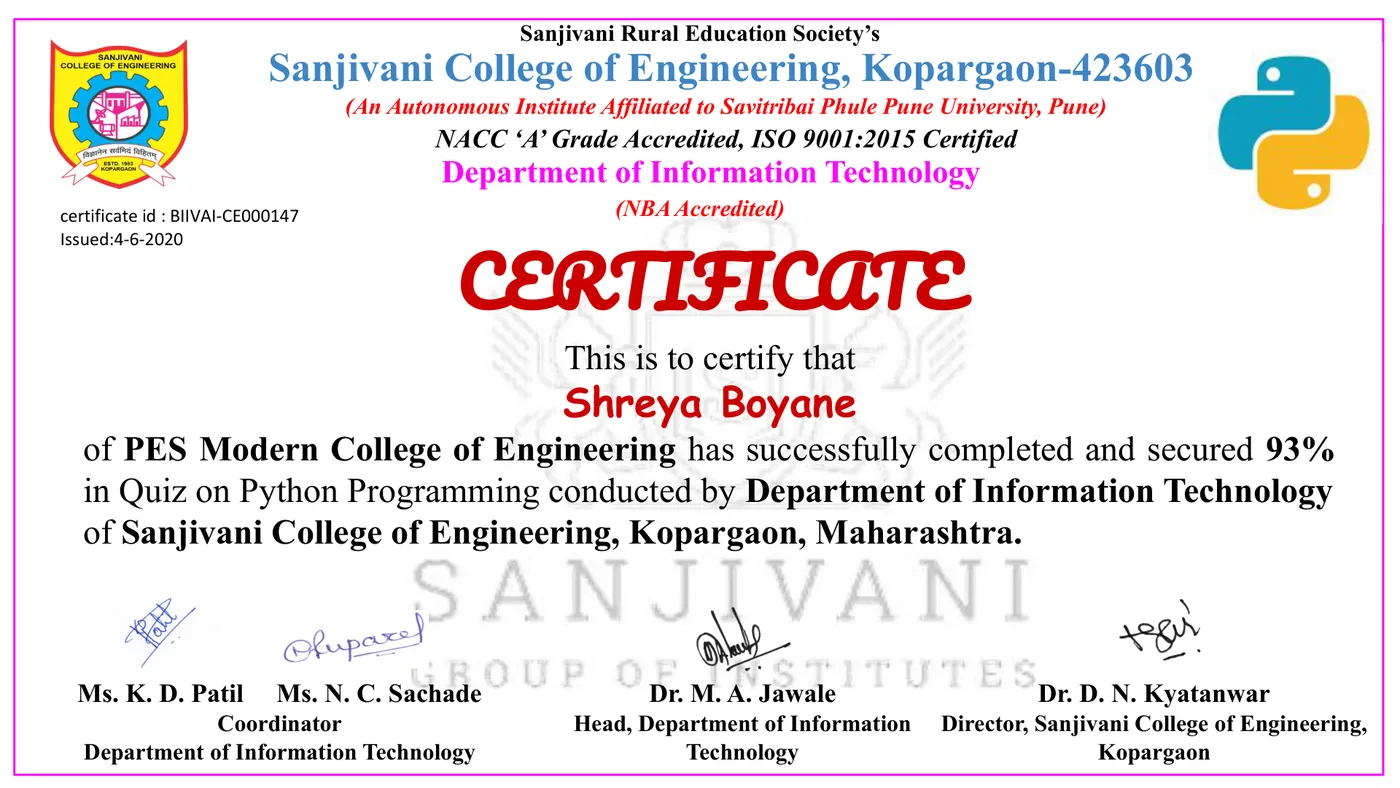 Python Programming, Skill assessment certificate