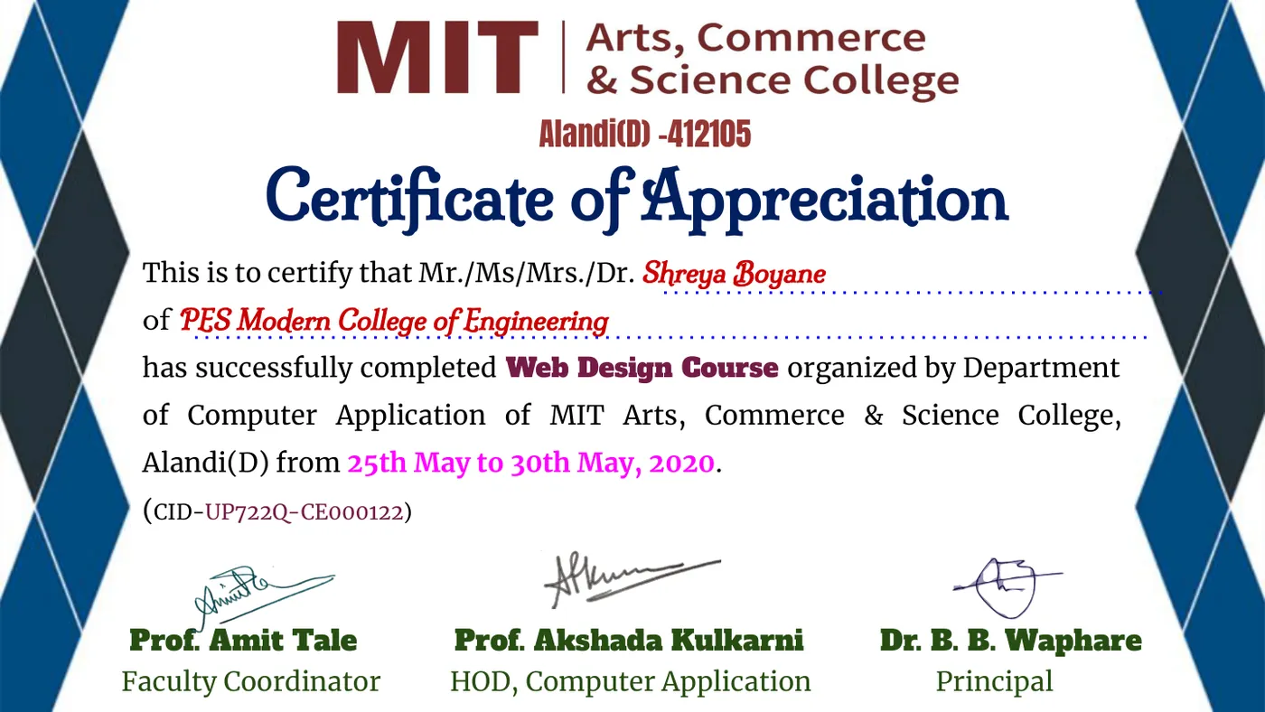 Web Design Course, Skill assessment certificate