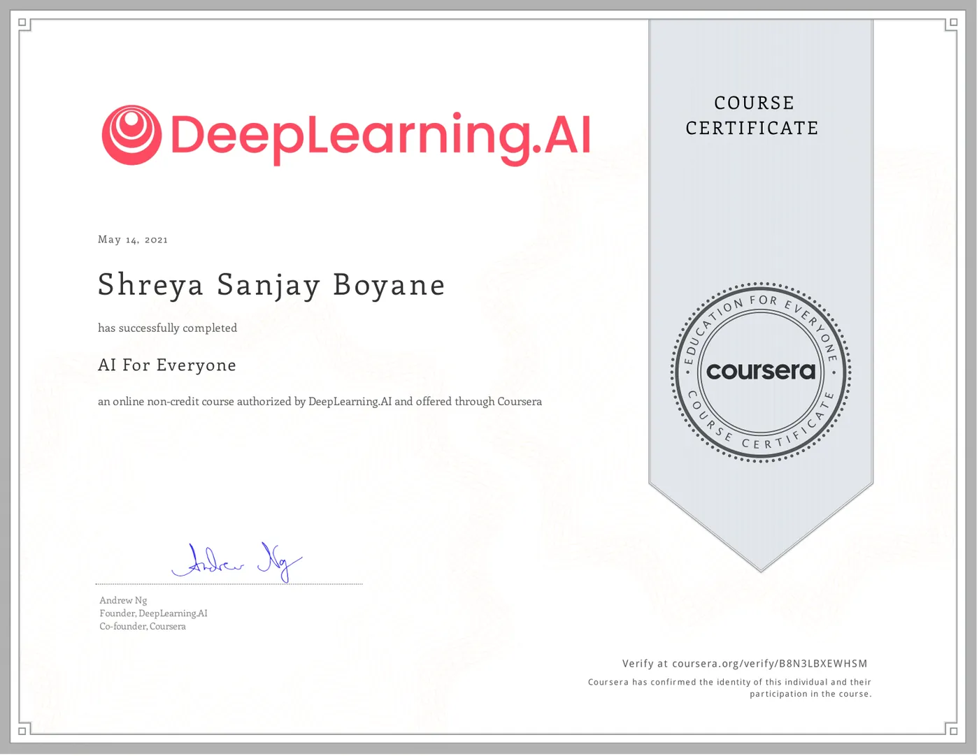 AI For Everyone, DeepLearning.AI on Coursera