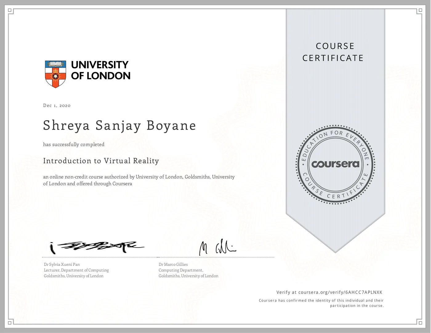 Introduction to Virtual Reality, University of London, Goldsmiths on Coursera