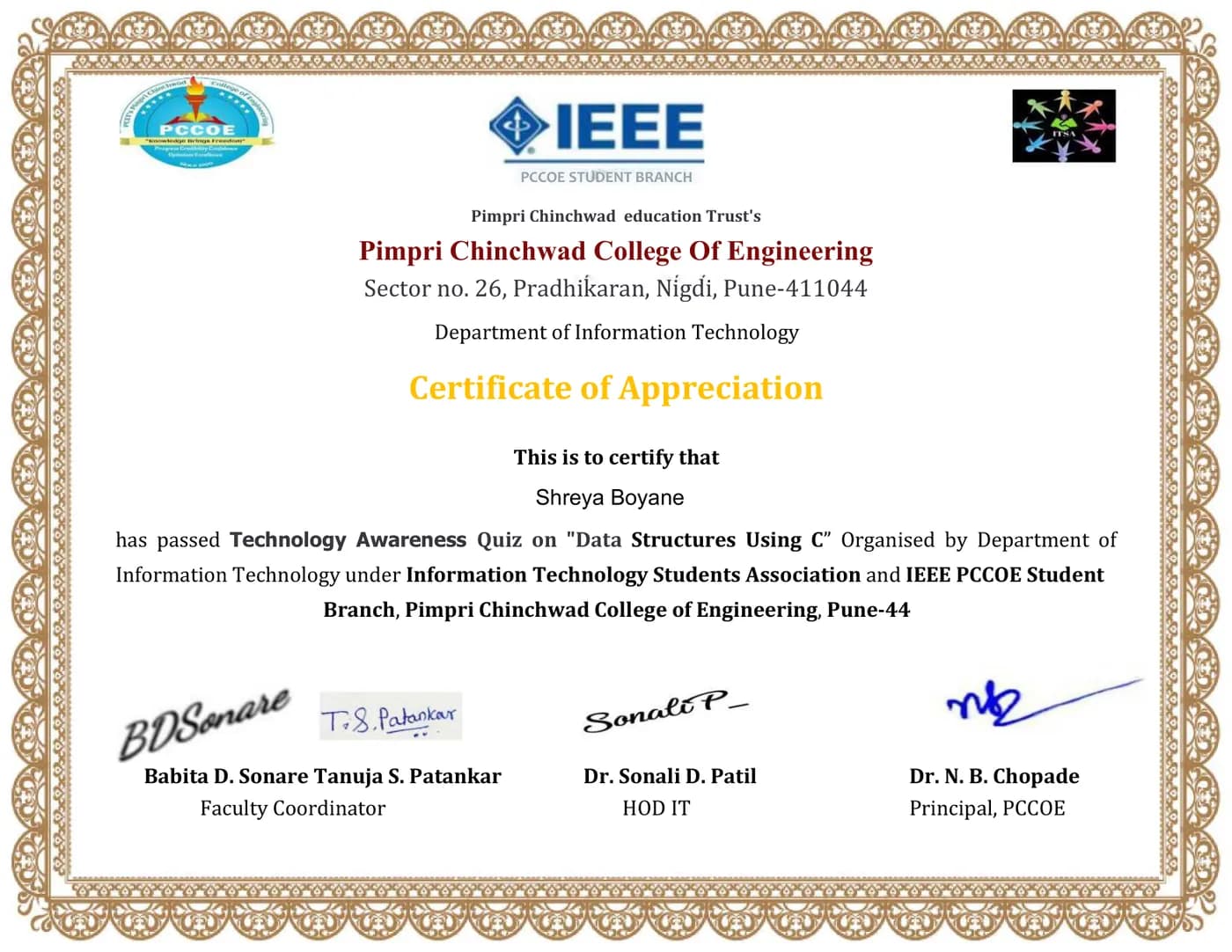 Technology Awareness Quiz on Data Structures Using C, PCCOE IT Department, ITSA and IEEE PCCOE Student Branch