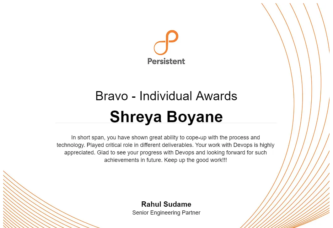Bravo Individual Award, Process and Technology Excellence, Persistent Systems