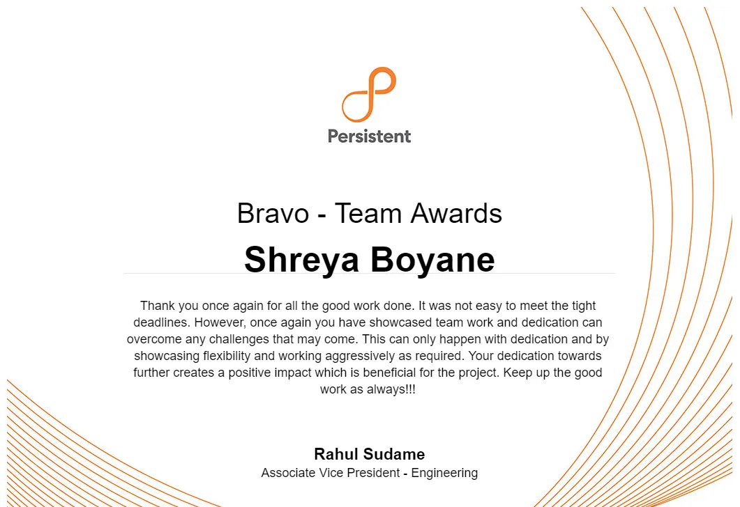 Bravo Team Award, Teamwork and Dedication, Persistent Systems