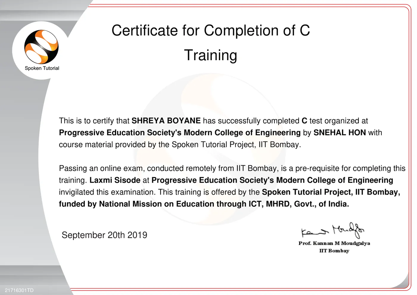 C Training, Spoken Tutorial Project, IIT Bombay