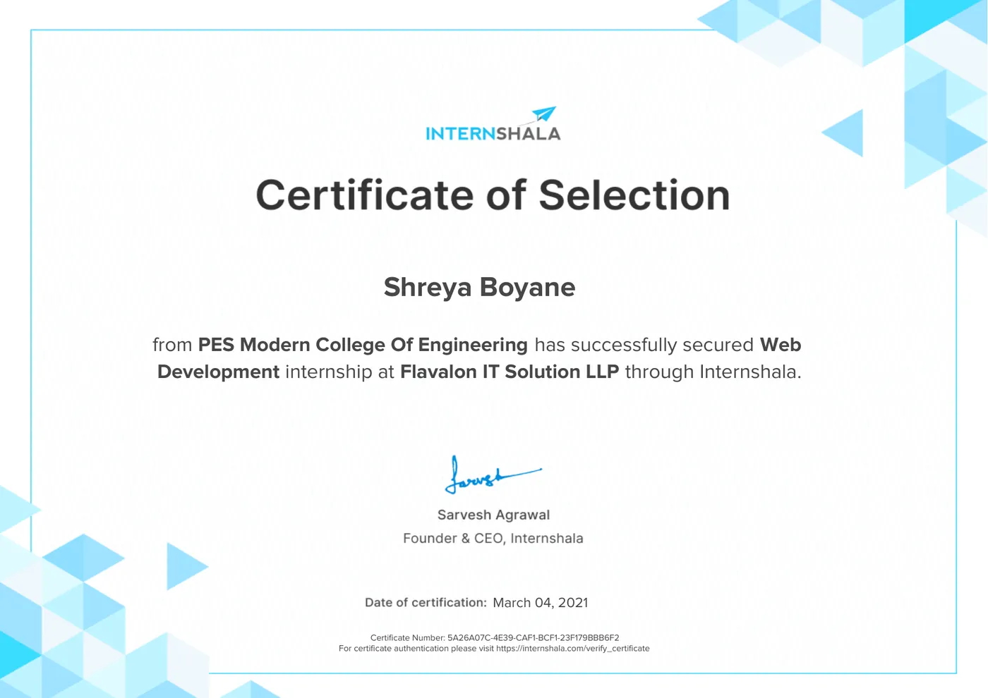 Web Development Internship Selection, Internshala (Flavalon IT)